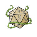 Dice d20 for playing Dnd. Dungeon and dragons board game. Cartoon outline drawn illustration. Green plant with thorn