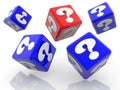 Dice of different colors with question marks moving on white Royalty Free Stock Photo