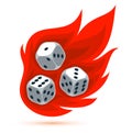 Dice with flames falling vector 3d illustration, gambling games design, board games.