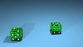 Dice on gambling table. Two green plastic cubes. 3d render. Royalty Free Stock Photo