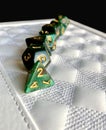 Dice game green polyhedral, MTG dice and cards. Royalty Free Stock Photo