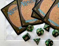 Dice game green polyhedral, MTG dice and cards. Royalty Free Stock Photo