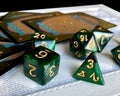 Dice game green polyhedral, MTG dice and cards. Royalty Free Stock Photo