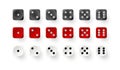 Dice game with red white and black cubes. Realistic gambling objects to play in casino, dice from one to six dots