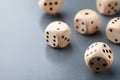 Dice on gray table. Board game. Gambling devices.