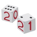 Dice and numbers 2021 on sides, 3D vector stock illustration with dice as a concept of chances, risks, success