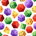 Dice pattern. Seamless print of gambling and role playing board game dices of various sides. Vector polyhedral gaming