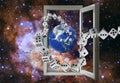Dice placed in the form of a continuous chain. Fantastic space landscape and window opened into space