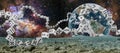 Dice placed in the form of a continuous chain. Space landscape