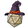 Dice for playing DnD. Tabletop role-playing game Dungeon and dragons with d20. Magical role of sorcerer with witch hat. Royalty Free Stock Photo