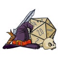 Dice for playing DnD. Tabletop role-playing game Dungeon and dragons with d20. Magical role of sorcerer with witch hat.