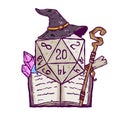 Dice for playing DnD. Tabletop role-playing game Dungeon and dragons with d20. Magical role of sorcerer with witch hat. Royalty Free Stock Photo