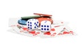Dice, poker chips and playing cards on white Royalty Free Stock Photo