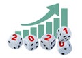 Dice with 2020 and 2021 printed in red and a business graph in the background showing bar chart and arrow going up. Royalty Free Stock Photo