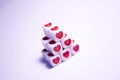 Dice pyramid with hearts. Cubes with hearts and letters. The 14th of February. Hearts on white cubes. Dice beads. Love Royalty Free Stock Photo