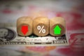 The dice show a red-green arrow. and the percentage of dollars and yuan. Royalty Free Stock Photo