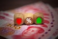 The dice show a red-green arrow and the percentage of the yuan. Royalty Free Stock Photo