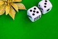 Dice white on green cloth or cloth