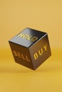 Dice with words sell, buy and hold isolated on yellow background. 3d illustration