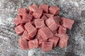 Raw lean diced casserole beef steak. Pile of cube chopped pile raw diced beef cubes. Turkish name; Dana Kusbasi Royalty Free Stock Photo