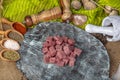 Raw lean diced casserole beef steak. Pile of cube chopped pile raw diced beef cubes. Turkish name; Dana Kusbasi Royalty Free Stock Photo