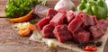 Diced fresh raw lean beef steak for goulash