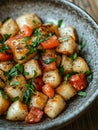 Diced fried potatoes with tomatoes and herbs in a bowl. Royalty Free Stock Photo