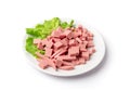 Diced Mortadella Slice Isolated, Luncheon Meat Cut, Chicken Ham Cubes, Boiled Sausage for Breakfast Royalty Free Stock Photo