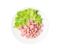 Diced Mortadella Slice Isolated, Luncheon Meat Cut, Chicken Ham Cubes, Boiled Sausage for Breakfast Royalty Free Stock Photo