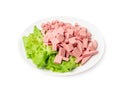 Diced Mortadella Slice Isolated, Luncheon Meat Cut, Chicken Ham Cubes, Boiled Sausage for Breakfast Royalty Free Stock Photo