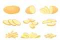 Diced and sliced potatoes set. Yellow vegetable for making chips and frying staple for agriculture round wedges for side