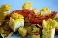 Diced tempeh with curry paste, zuccini, and peppers