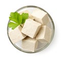 Diced tofu cheese with parsley in a plate on a white background, isolated. The view from top Royalty Free Stock Photo