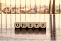 5 dices forming the Word `unity`