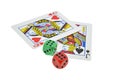 Dices and playing cards on white background