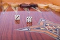 Dices with reflection on wooden backgammon board