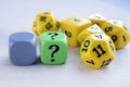 Dice with questiin mark. Dices for rpg, board games, tabletop games or dungeons and dragons. Royalty Free Stock Photo