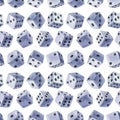 Dices seamless pattern. Repetitive watercolor illustration of blue dices