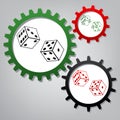Dices sign. Vector. Three connected gears with icons at grayish Royalty Free Stock Photo