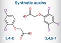 Trichlorophenoxyacetic acid 2,4,5-T molecule. Synthetic auxin. Structural chemical formula and molecule model