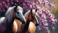 Dichromatic Majesty: A Confident Posse of Two Horses Standing Next to Large Opaque Blossoms and Closeup Honda Buds