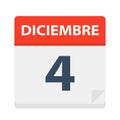 Diciembre 4 - Calendar Icon - December 4. Vector illustration of Spanish Calendar Leaf