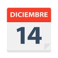 Diciembre 14 - Calendar Icon - December 14. Vector illustration of Spanish Calendar Leaf