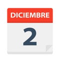 Diciembre 2 - Calendar Icon - December 2. Vector illustration of Spanish Calendar Leaf