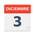 Diciembre 3 - Calendar Icon - December 3. Vector illustration of Spanish Calendar Leaf