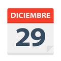 Diciembre 29 - Calendar Icon - December 29. Vector illustration of Spanish Calendar Leaf