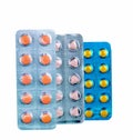 Diclofenac in blister pack isolated on white background. Drug with round and triangle shaped in pack. Film coated tablets. Royalty Free Stock Photo