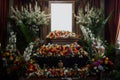 dictator funeral mockup, coffin with blank portrait board surrounded with large quantity of flowers, neural network