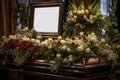dictator funeral mockup, coffin with blank portrait board surrounded with large quantity of flowers, neural network