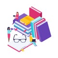 Dictionary library of encyclopedia. Book concept banner with characters. Flat isometric vector illustration isolated on